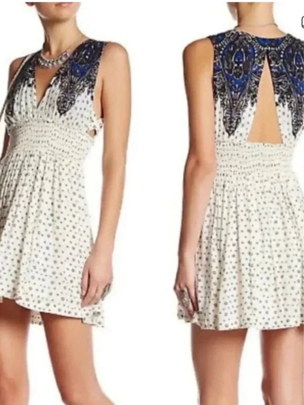 Free People Walking Through My Dreams Mini Dress Sz XS Boho Festival Cream Blue
